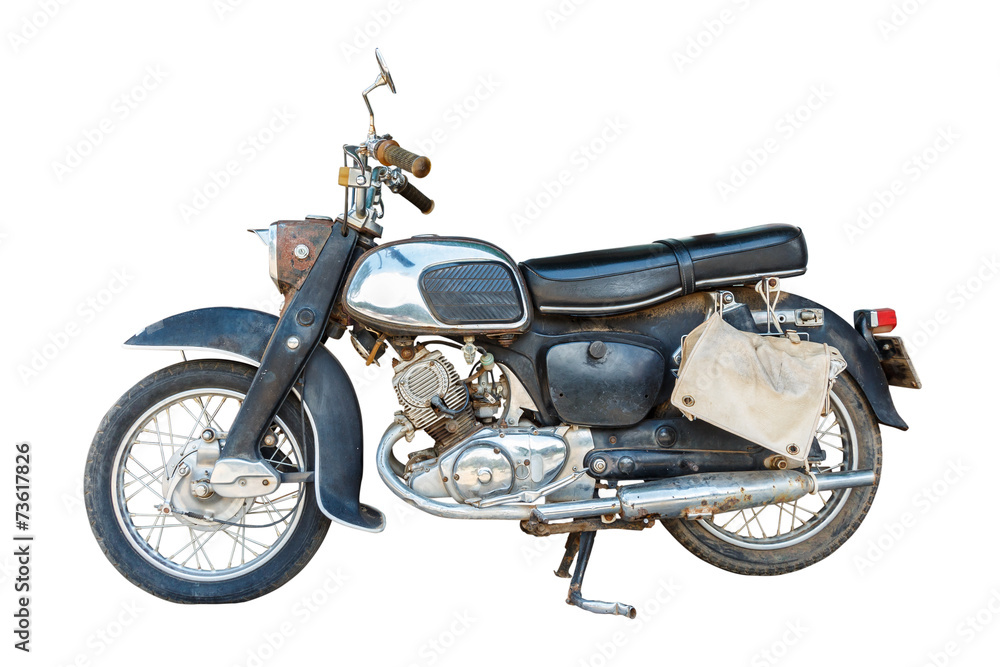 Old dirty motorcycle with rust on isolated background