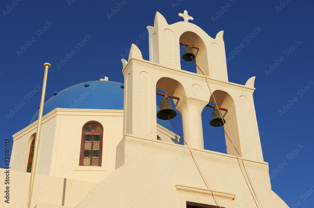 Bell tower and dome of a church, Oia, Santorini, Greece