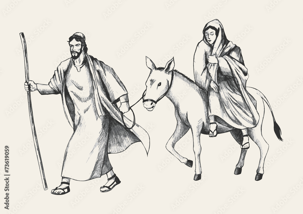 Sketch illustration of Mary and Joseph, journey to Bethlehem Sketch illustration of Mary and Joseph, journey to Bethlehem