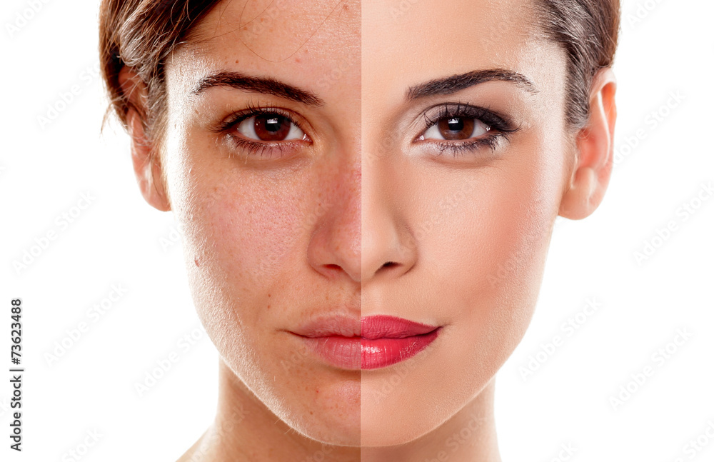 Comparison portrait of a woman without and with makeup - obrazy, fototapety, plakaty 