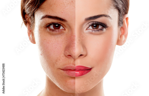 Comparison portrait of a woman without and with makeup