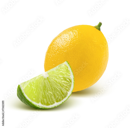 Whole lemon and quarter lime piece isolated on white