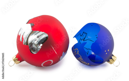 two broken Christmas balls isolated on a white background