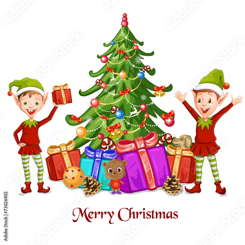 Illustration of the two elves near the christmas tree