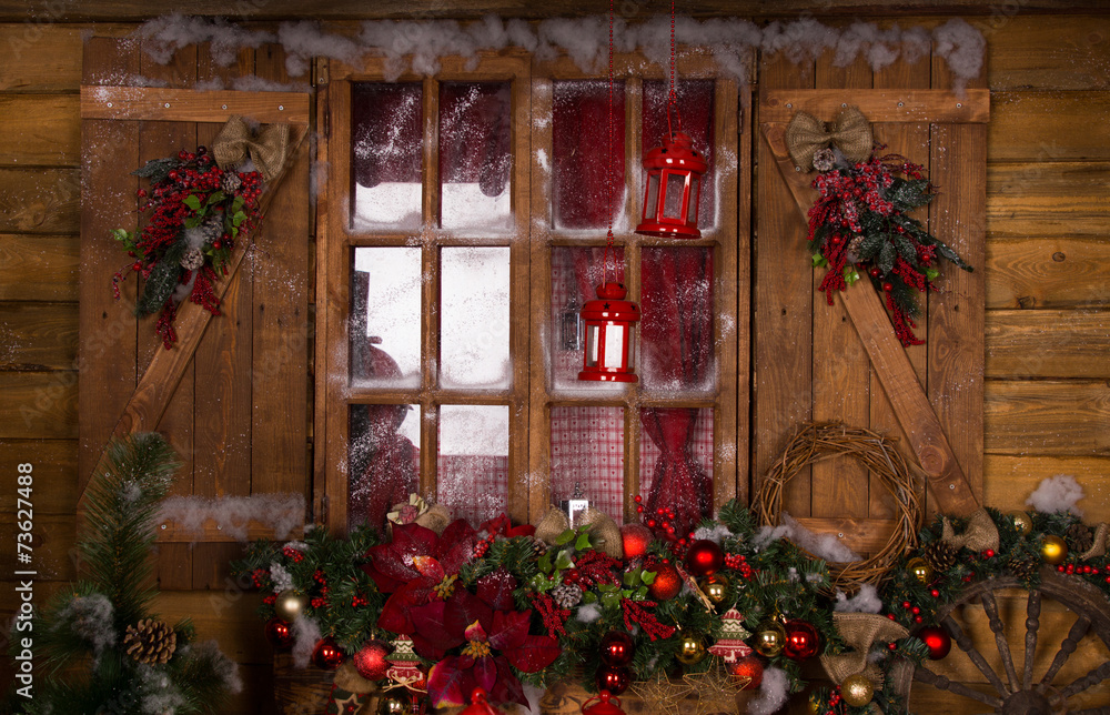 Glass Window with Christmas Ornaments