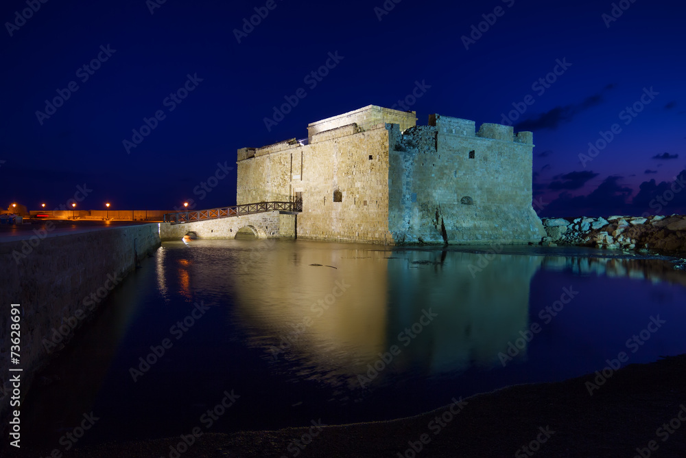 Illuminated Paphos Castle at night, Cyprus.