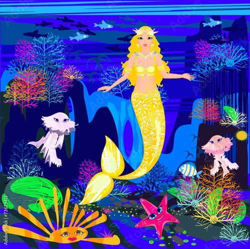 Beautiful mermaid with golden scales