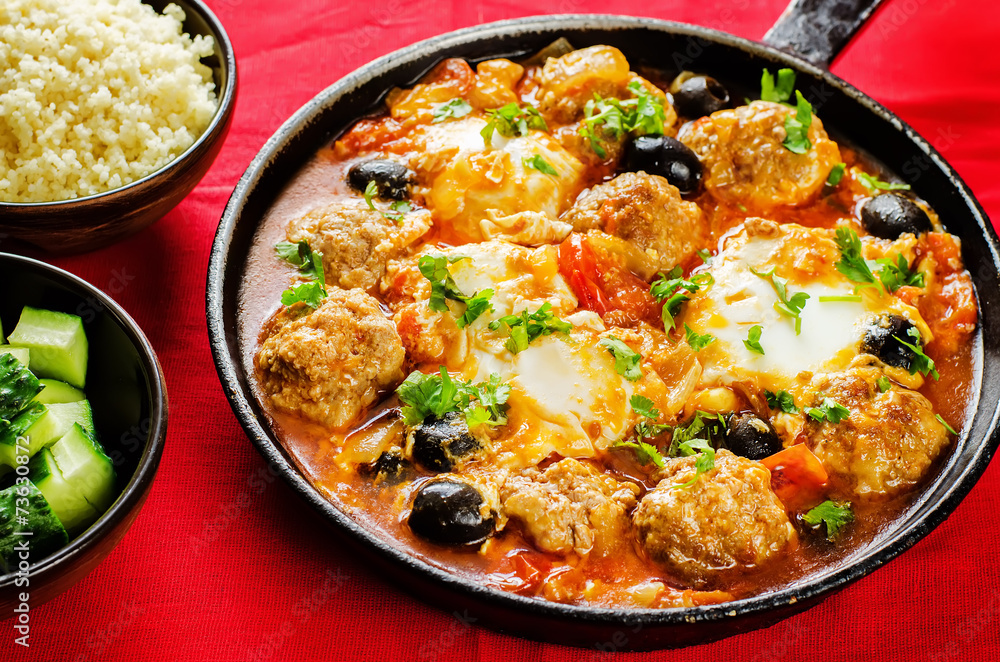 meatballs with olives and egg in tomato sauce