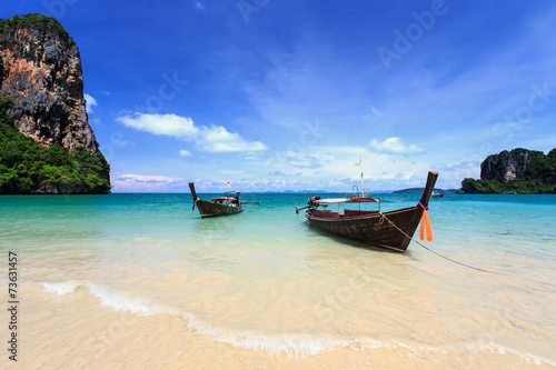 Traditional Thai boat  Long tail stand in the sea at Railay beac