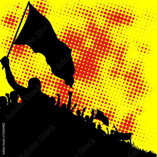 yellow and red background with crowd silhouette