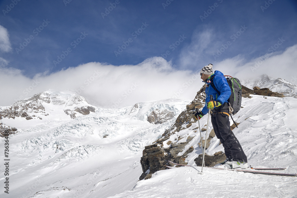 Male skier standing in front of Monte Rosa Glacier