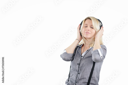 A portrait of a young woman in headset