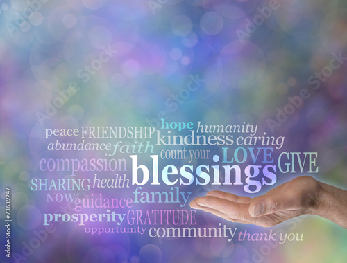 Fotografie, Obraz Count Your Blessings Word Cloud on Bokeh Background