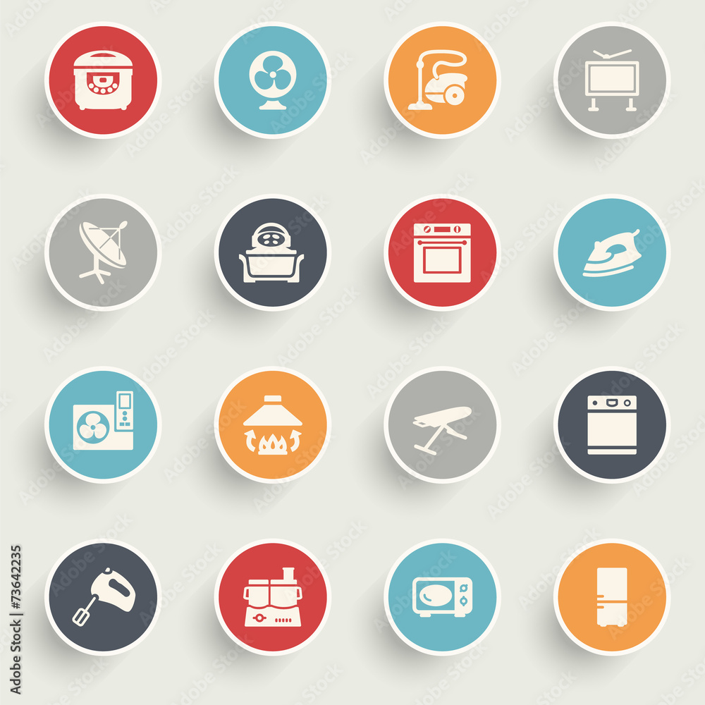 Home appliances icons with color buttons on gray background. Home appliances icons with color buttons on gray background.
