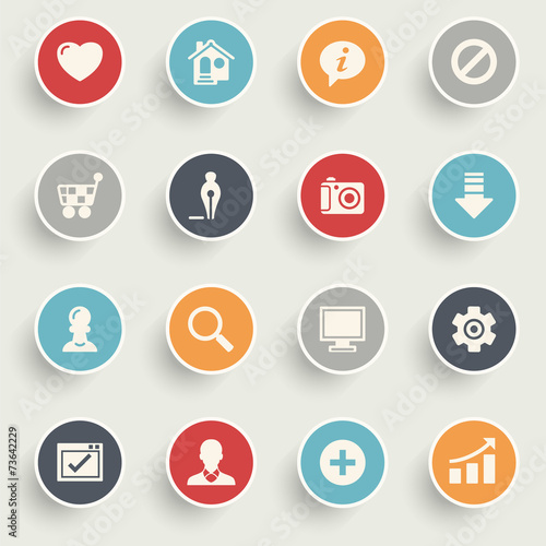 Basic icons with color buttons on gray background.