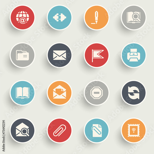 Email icons with color buttons on gray background.