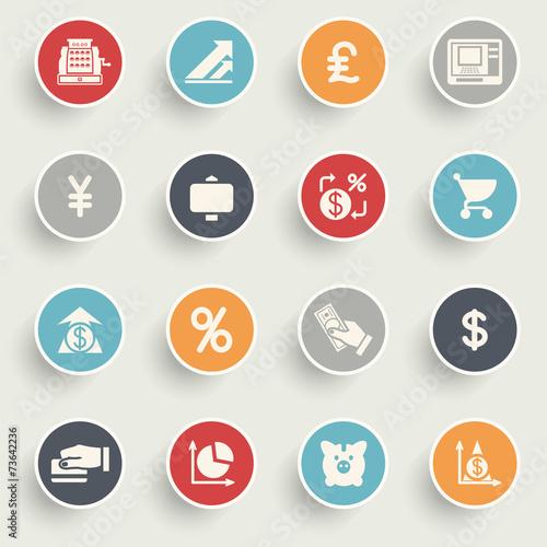 Finance icons with color buttons on gray background.