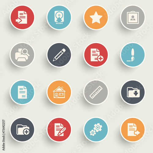 Document icons with color buttons on gray background.
