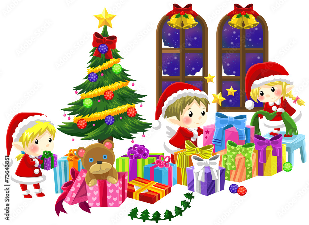 Cute little elves are celebrating Christmas in isolated backgrou Cute little elves are celebrating Christmas in isolated backgrou