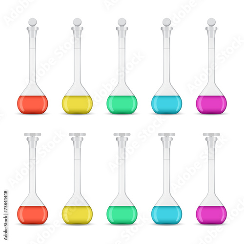 Laboratory volumetric flasks with solution