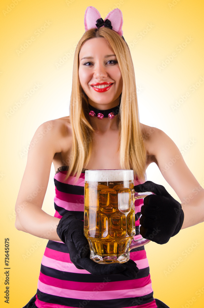 Young waitress with beer on white Young waitress with beer on white