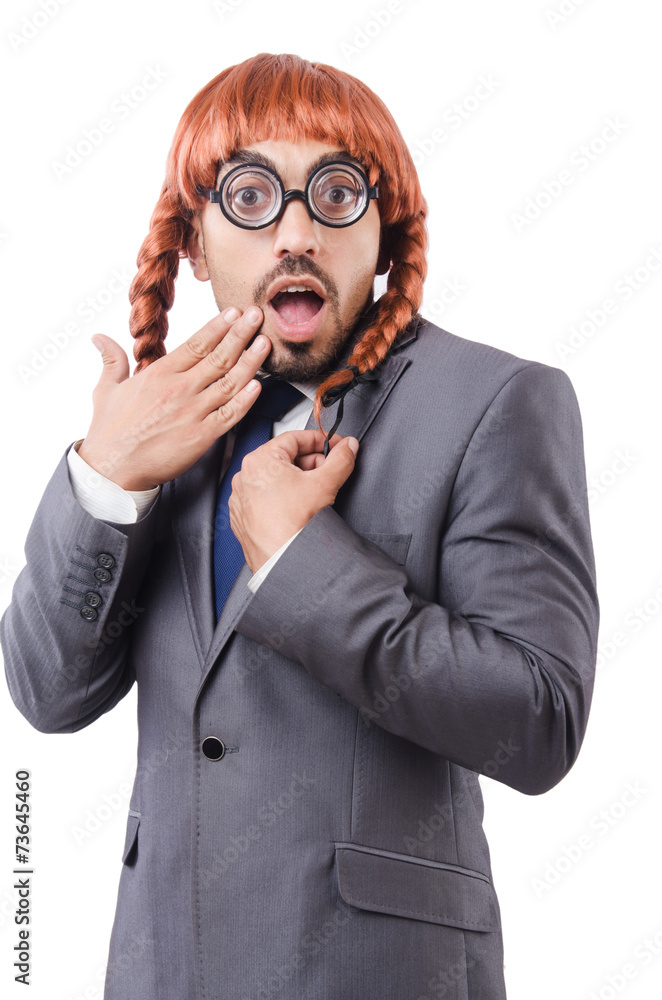 Funny businessman with female wig isolated on white Funny businessman with female wig isolated on white