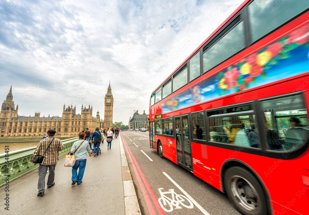 London. Double Decker bus speeding up on Westminster Bridge - obrazy, fototapety, plakaty 