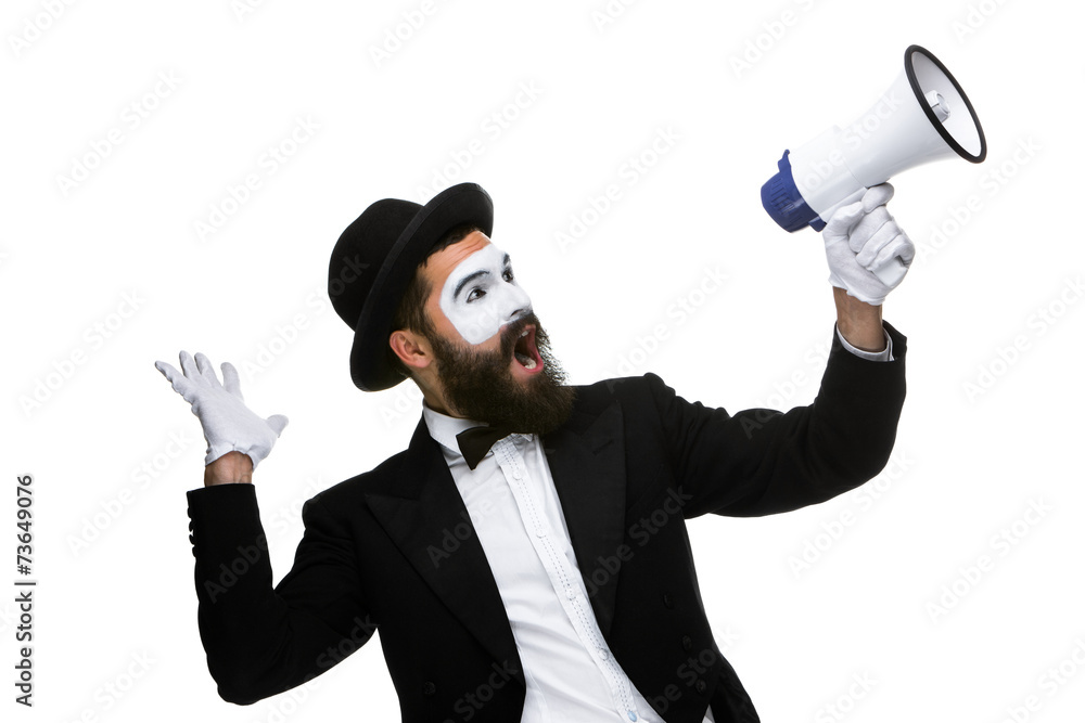 Fototapeta premium Man with a face mime screaming into megaphone