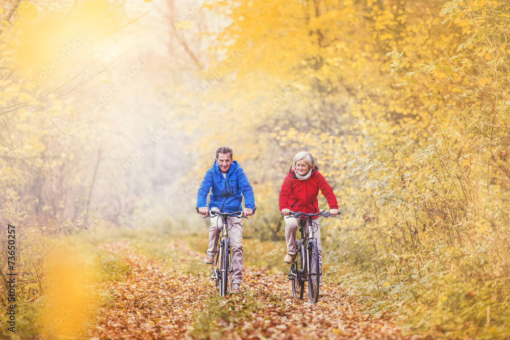 Active seniors ridding bike