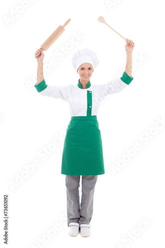 happy woman in chef uniform with wooden baking rolling pin and s