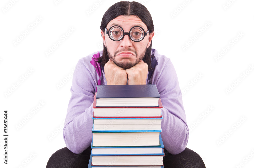 Funny student with books isolated on white Funny student with books isolated on white