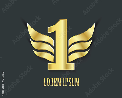 First place symbol. Golden design number one with wings