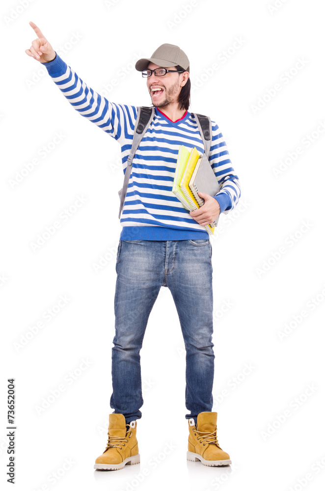 Student pressing virtual button isolated on white Student pressing virtual button isolated on white