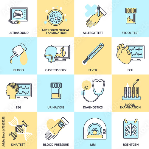 Medical tests icons flat line