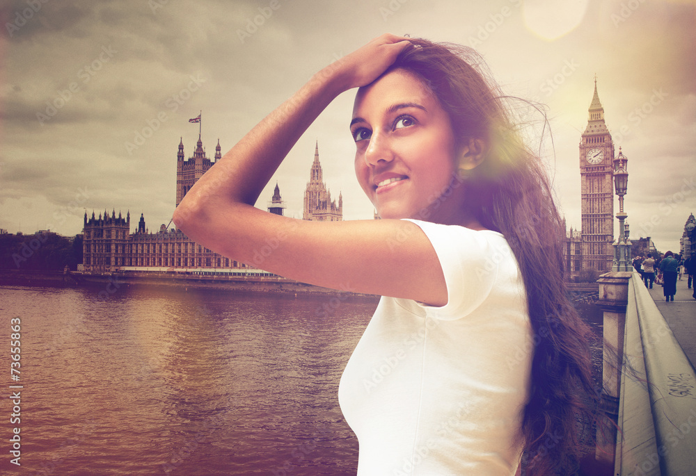 Young Woman Posing Near Big Ben in London - obrazy, fototapety, plakaty 
