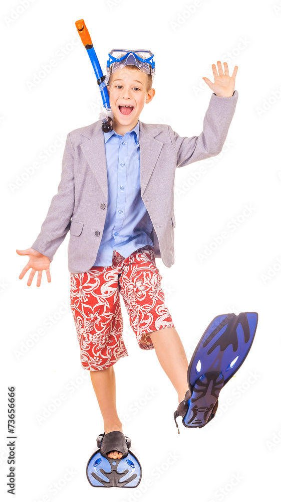 kid businessman wearing fins, snorkel and goggles