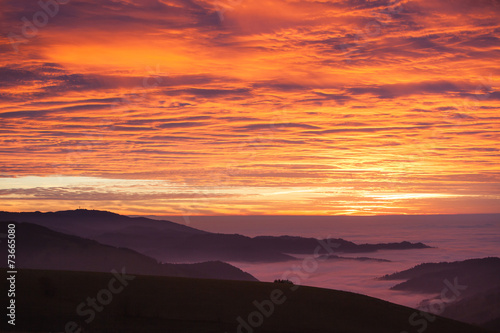 sunset over foggy valley in black forest, Germany