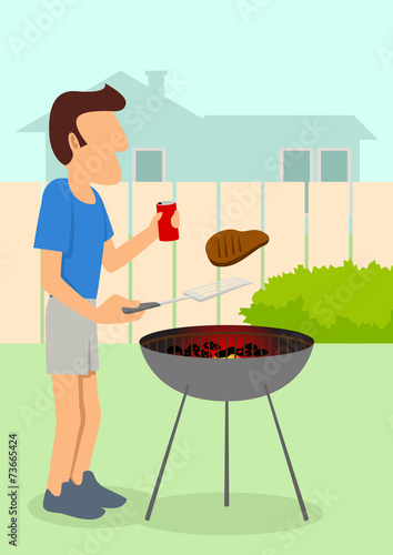 A man with a barbecue grill, holding a soft drink can