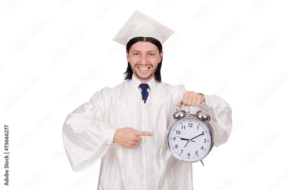 Student missing his deadlines with clock on white Student missing his deadlines with clock on white