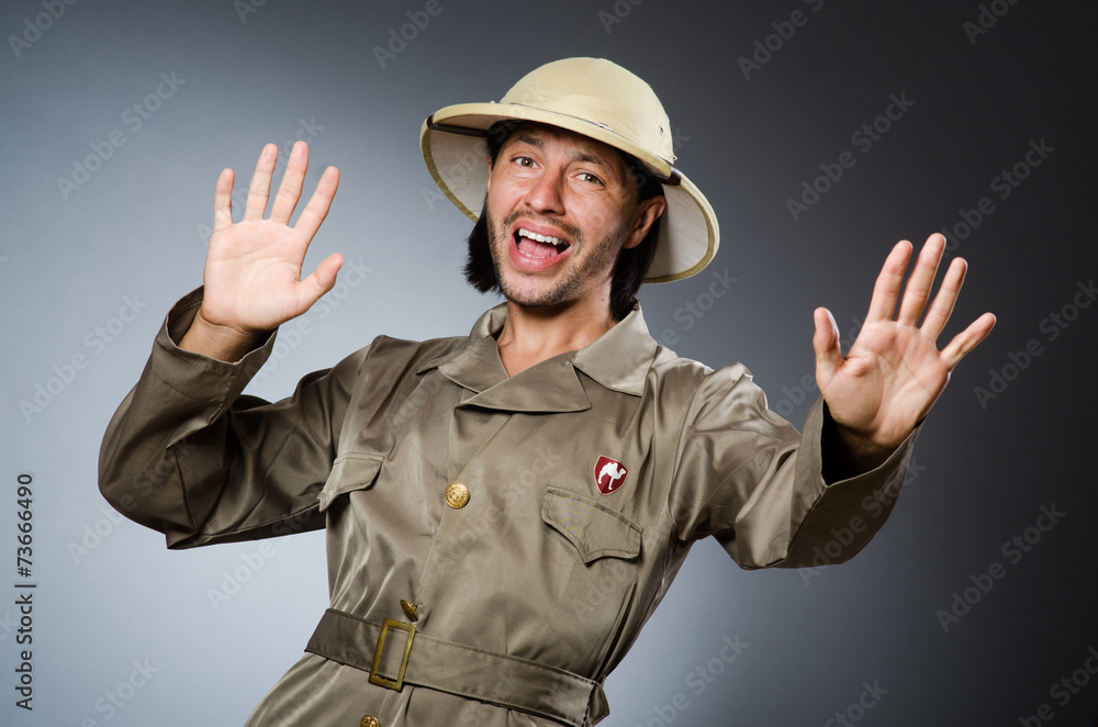 Funny safari hunter against background Funny safari hunter against background