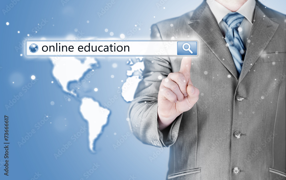 Online education written in search bar on virtual screen. Online education written in search bar on virtual screen.