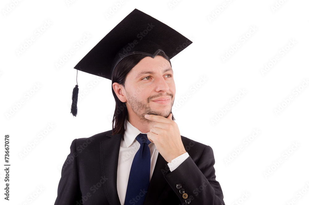Young male student graduated from high school on white Young male student graduated from high school on white