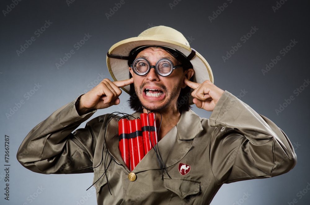 Funny safari hunter against background Funny safari hunter against background