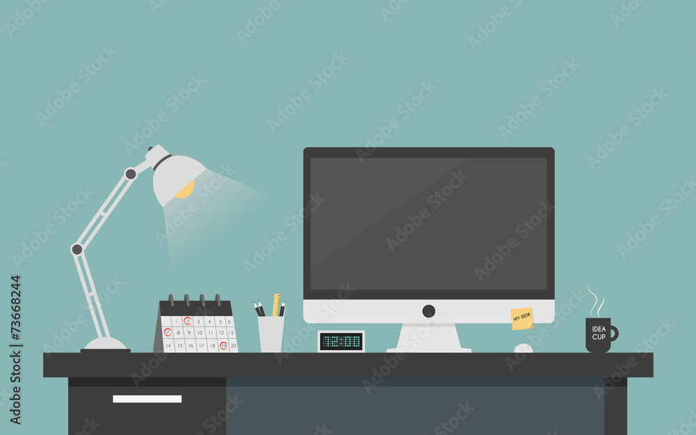 Computer desk workplace concept, Flat design vector illustration - obrazy, fototapety, plakaty 
