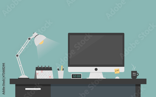 Computer desk workplace concept, Flat design vector illustration
