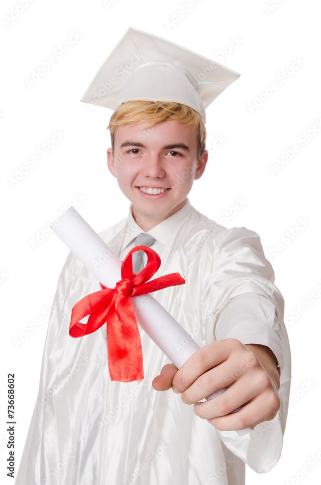 Young male student graduated from high school on white Young male student graduated from high school on white