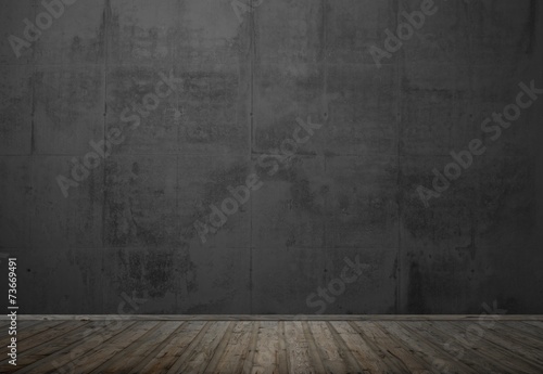Fototapeta Naklejka Na Ścianę i Meble -  Leerer dunkler Raum mit Holzboden und Steinwand