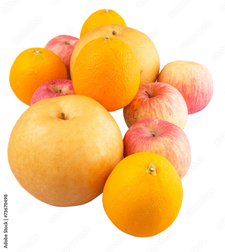 Gala apples, Nashi Asian pears and oranges over white background Gala apples, Nashi Asian pears and oranges over white background