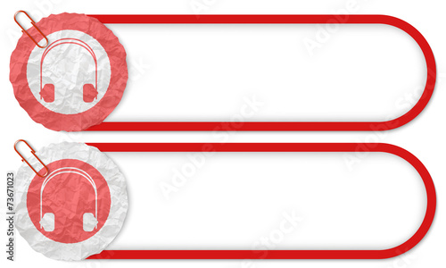 two buttons with texture crumpled paper and headphones