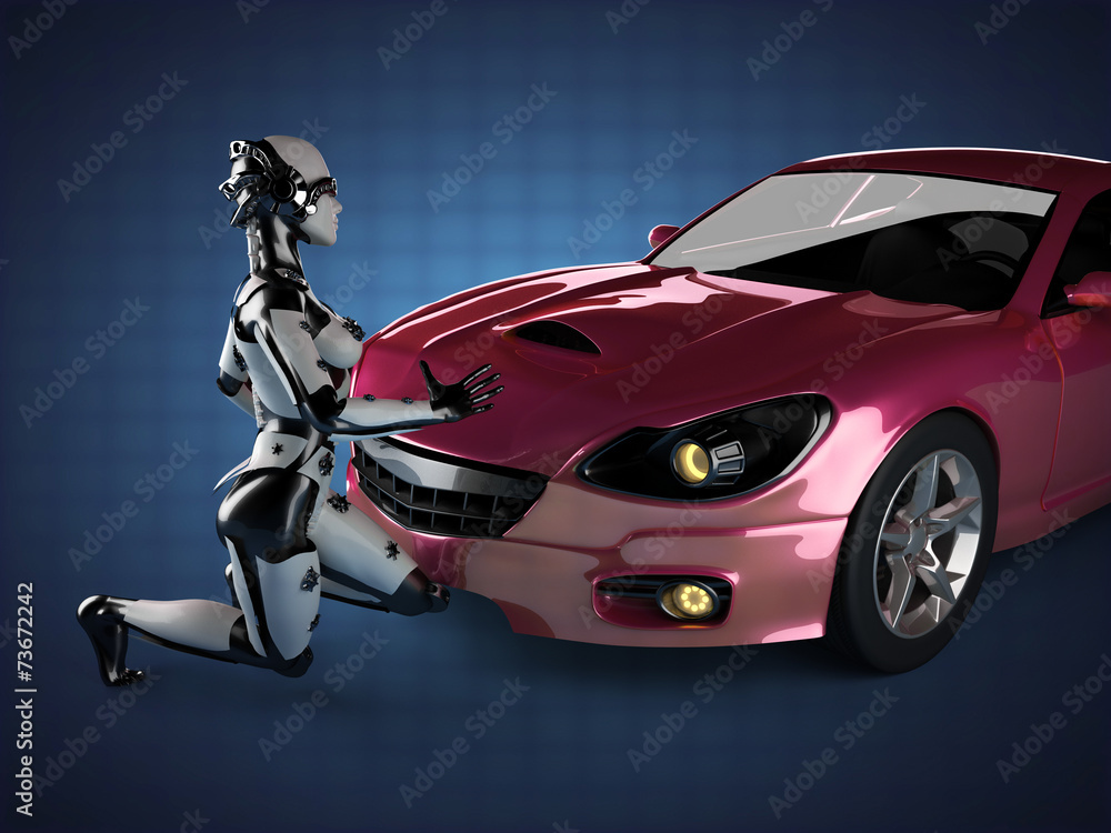 luxury brandless sport car and woman robot luxury brandless sport car and woman robot